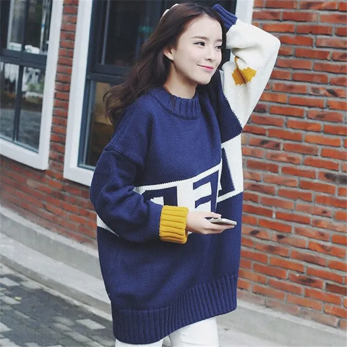 Letter Print Patchwork Loose Knitwear Sweater
