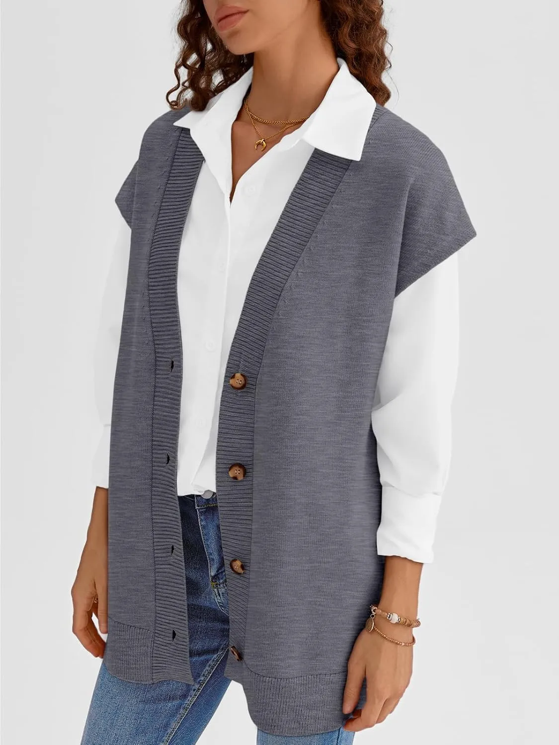 LILLUSORY Women V Neck Sweater Vest Oversized Long Cardigan Casual Vest Tops 2024 Trendy