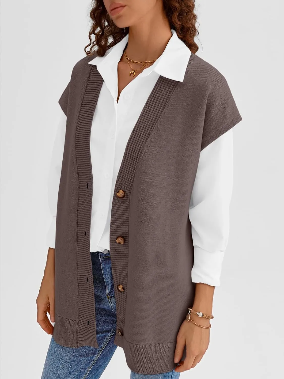 LILLUSORY Women V Neck Sweater Vest Oversized Long Cardigan Casual Vest Tops 2024 Trendy