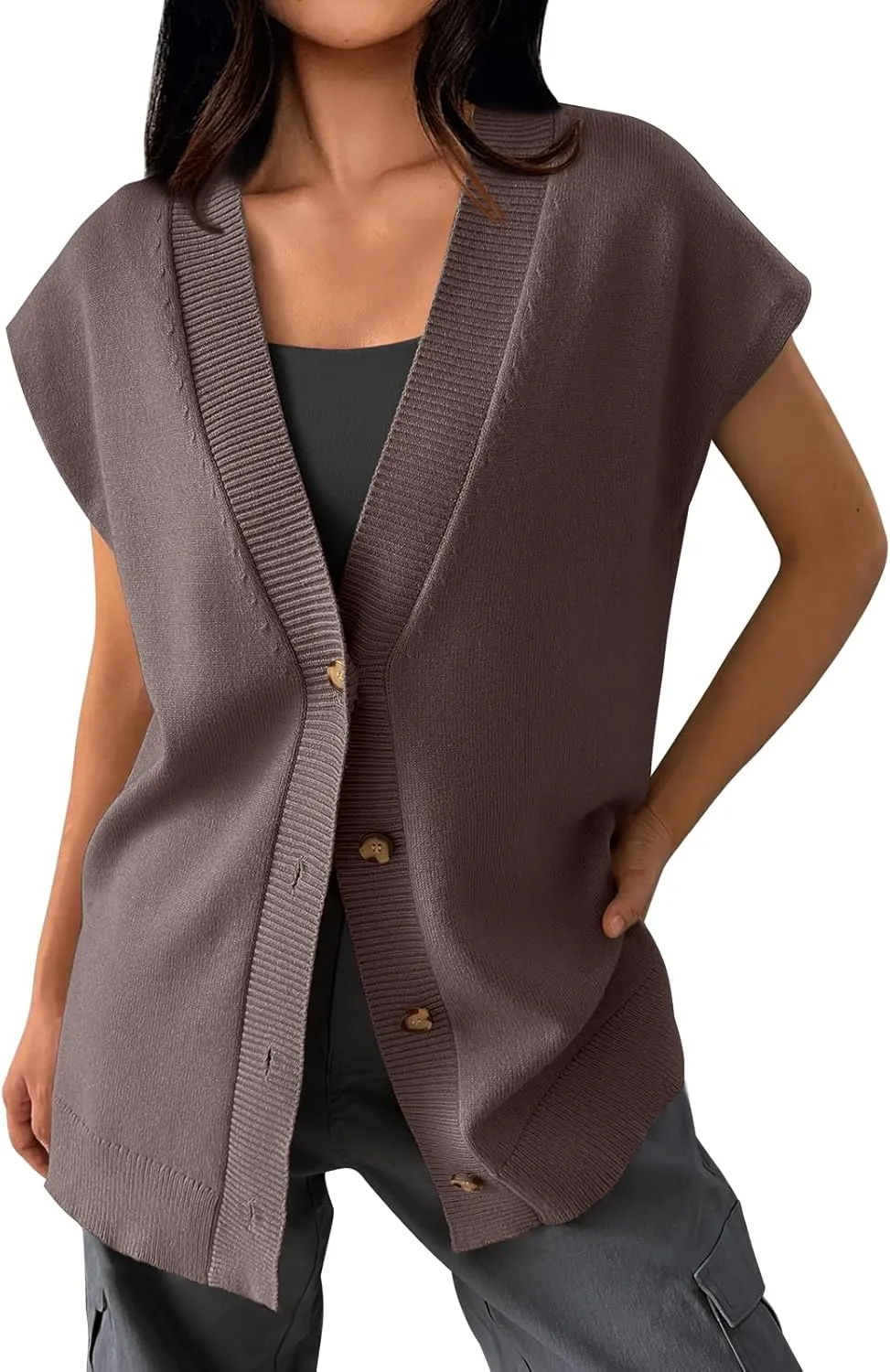 LILLUSORY Women V Neck Sweater Vest Oversized Long Cardigan Casual Vest Tops 2024 Trendy