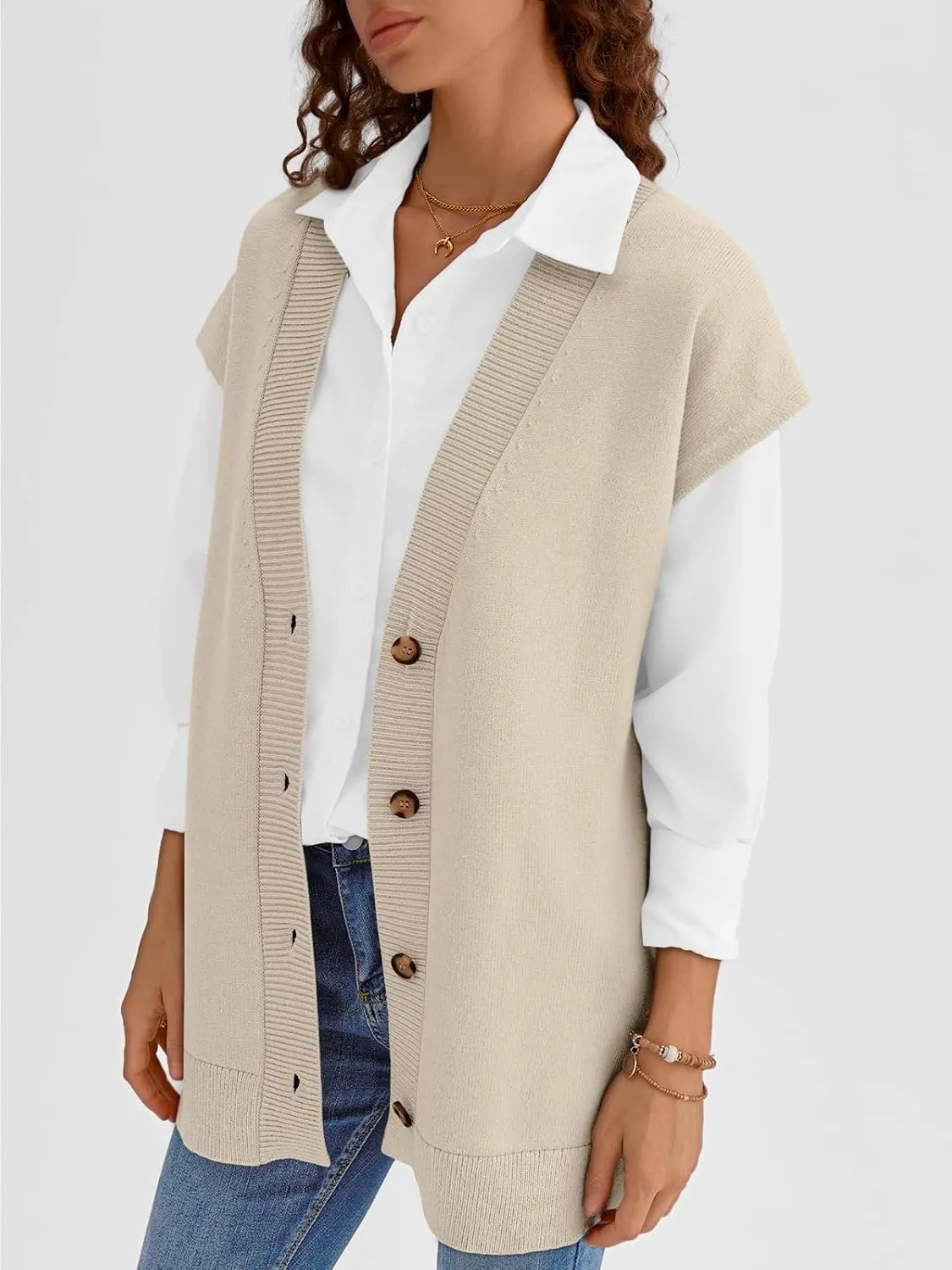 LILLUSORY Women V Neck Sweater Vest Oversized Long Cardigan Casual Vest Tops 2024 Trendy