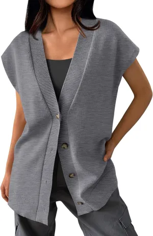 LILLUSORY Women V Neck Sweater Vest Oversized Long Cardigan Casual Vest Tops 2024 Trendy