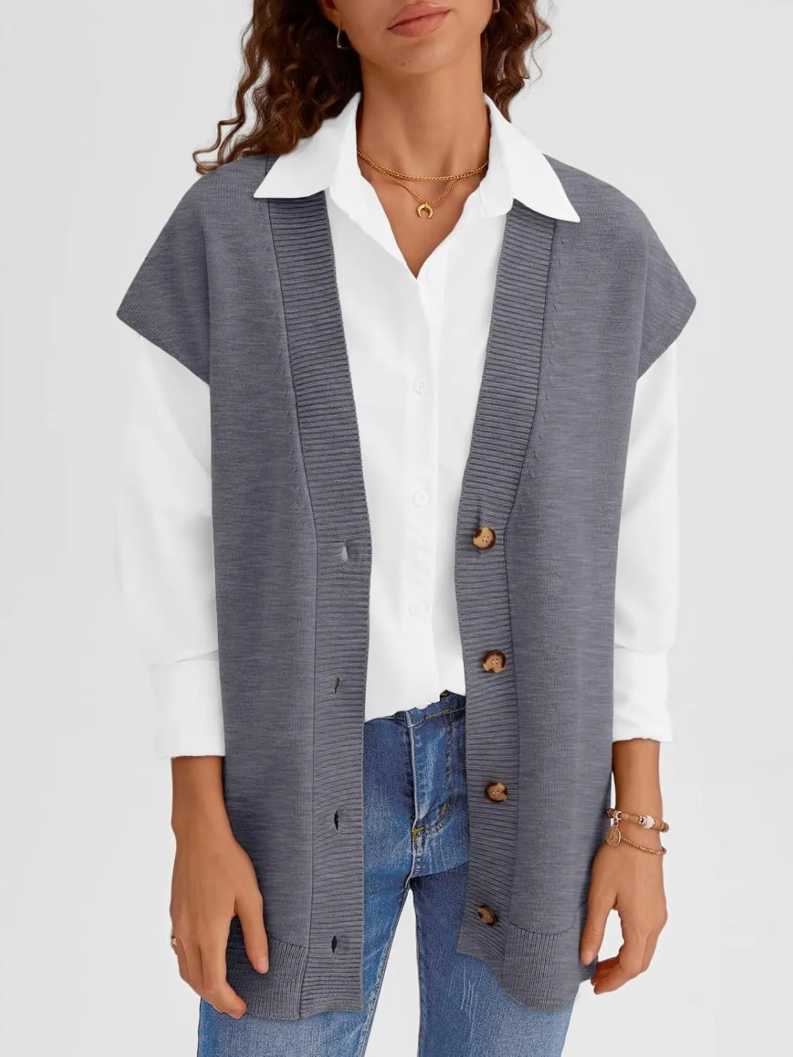 LILLUSORY Women V Neck Sweater Vest Oversized Long Cardigan Casual Vest Tops 2024 Trendy