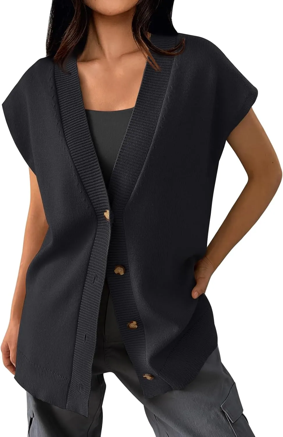LILLUSORY Women V Neck Sweater Vest Oversized Long Cardigan Casual Vest Tops 2024 Trendy