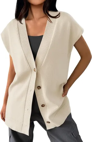 LILLUSORY Women V Neck Sweater Vest Oversized Long Cardigan Casual Vest Tops 2024 Trendy