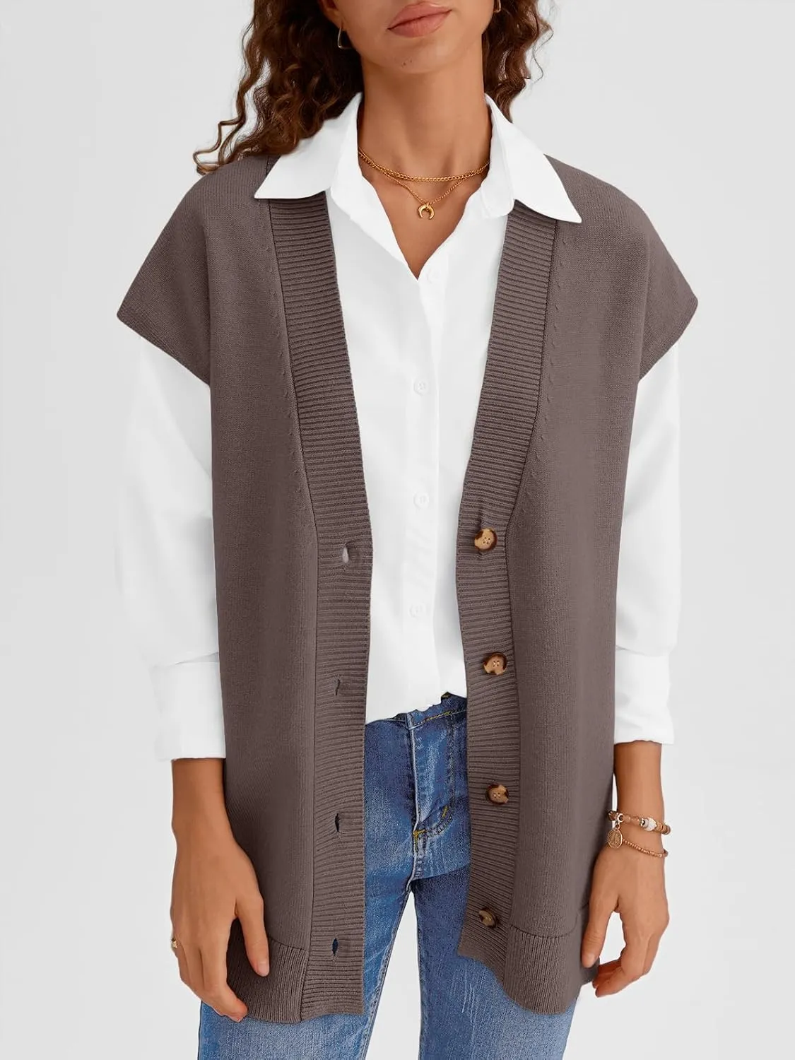 LILLUSORY Women V Neck Sweater Vest Oversized Long Cardigan Casual Vest Tops 2024 Trendy