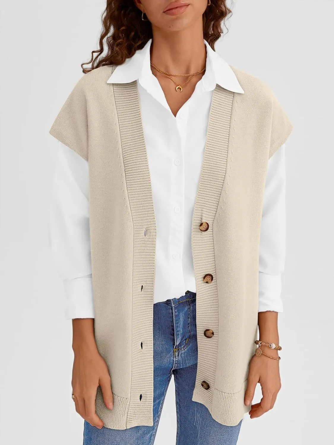 LILLUSORY Women V Neck Sweater Vest Oversized Long Cardigan Casual Vest Tops 2024 Trendy
