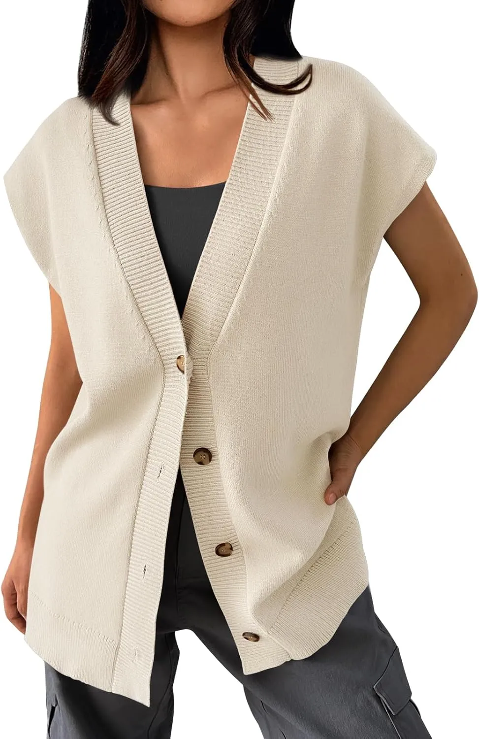 LILLUSORY Women V Neck Sweater Vest Oversized Long Cardigan Casual Vest Tops 2024 Trendy