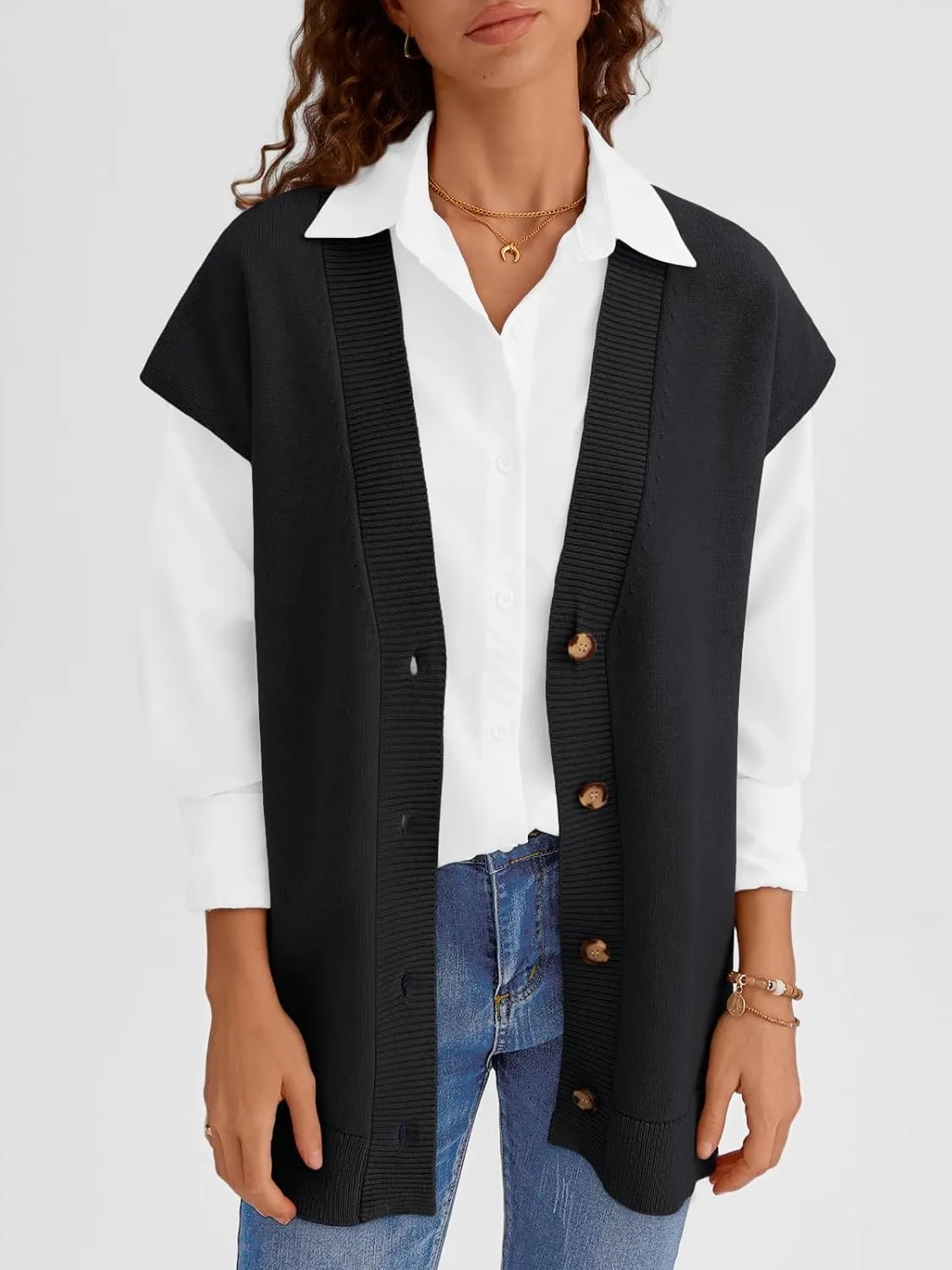 LILLUSORY Women V Neck Sweater Vest Oversized Long Cardigan Casual Vest Tops 2024 Trendy