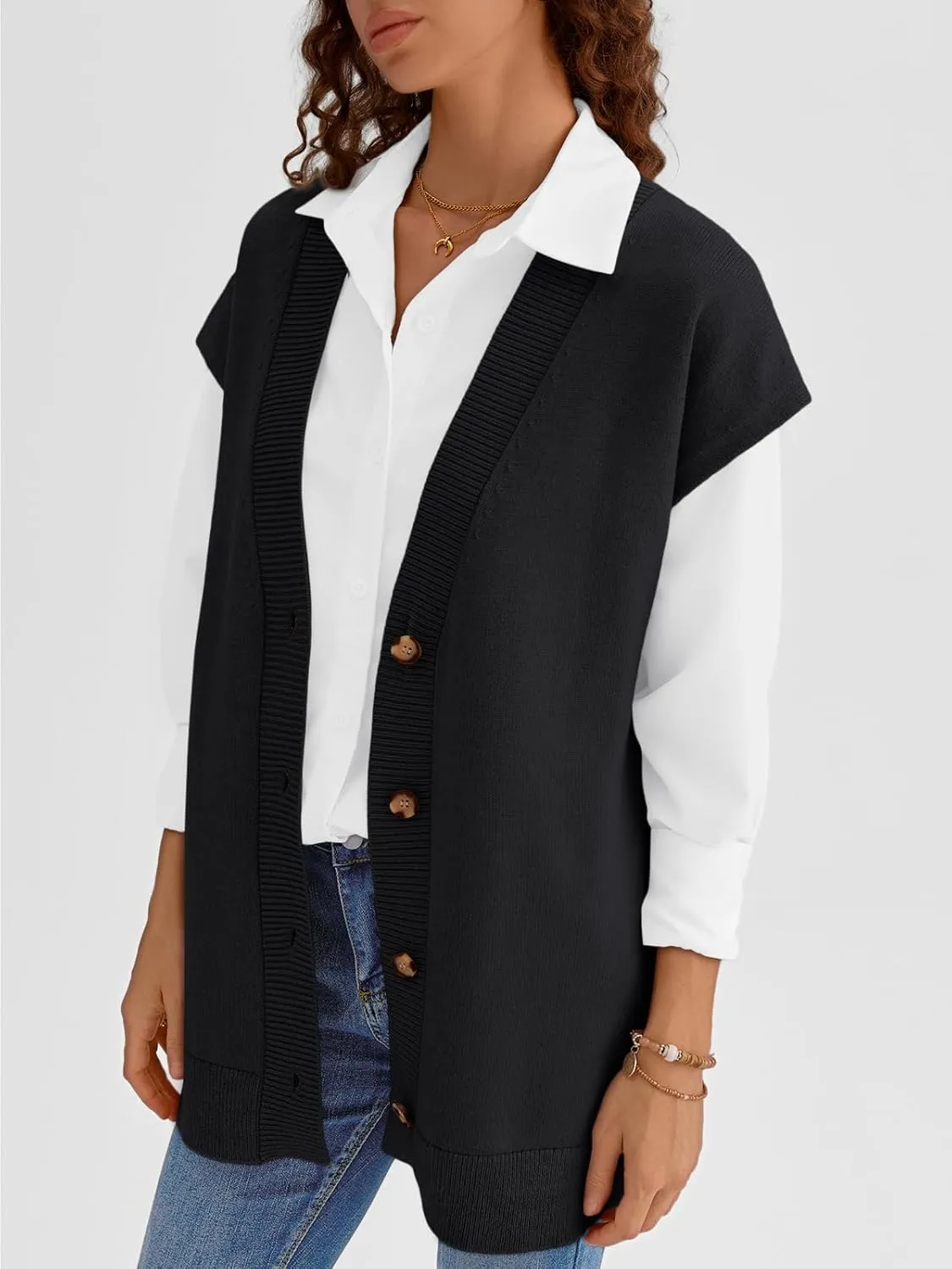 LILLUSORY Women V Neck Sweater Vest Oversized Long Cardigan Casual Vest Tops 2024 Trendy