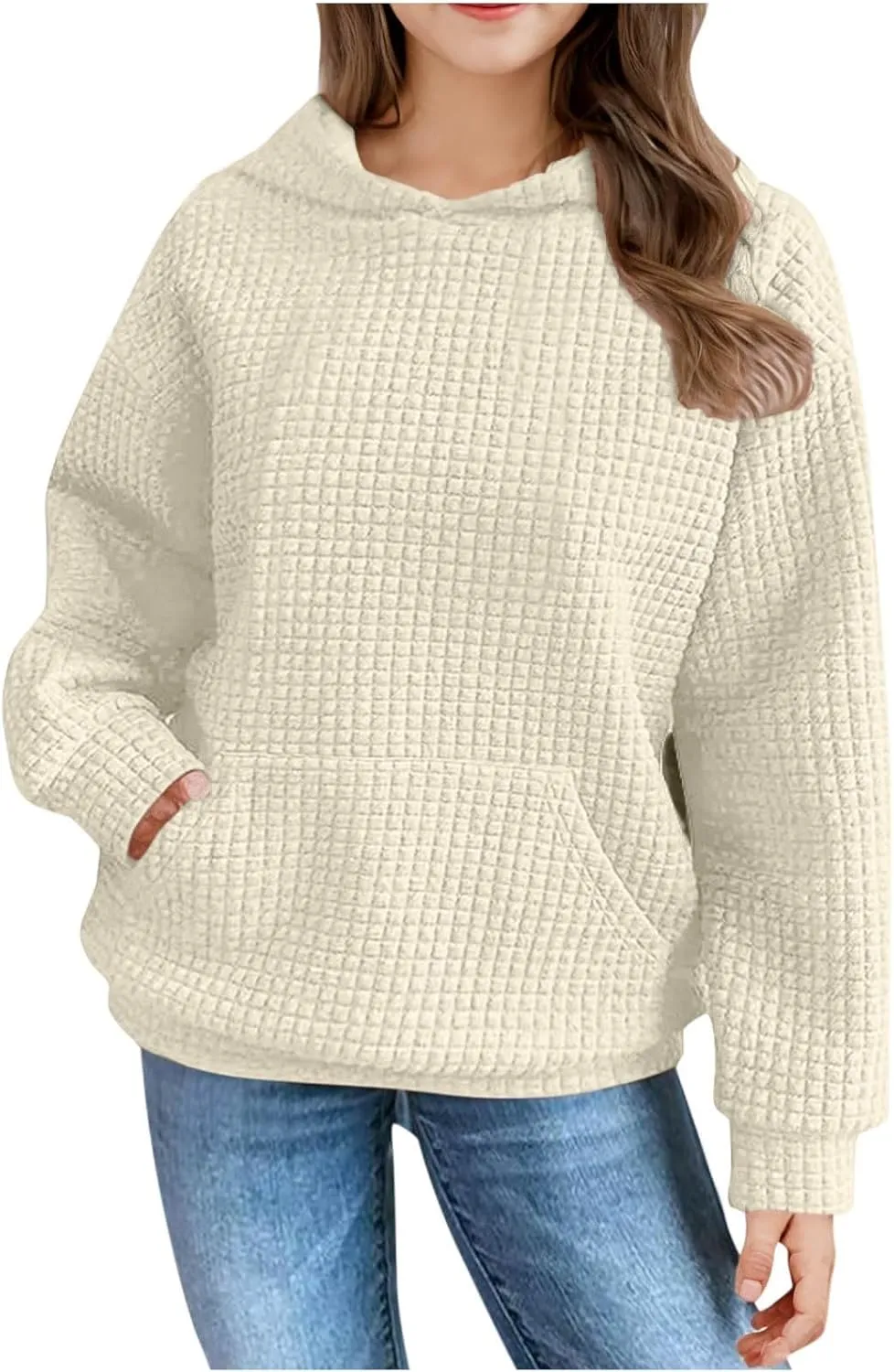 LRMQS Cute Hoodies for Teen Girls Trendy Preppy Waffle Hooded Sweatshirts Oversized Long Sleeve Sweater Tween Girl Clothes