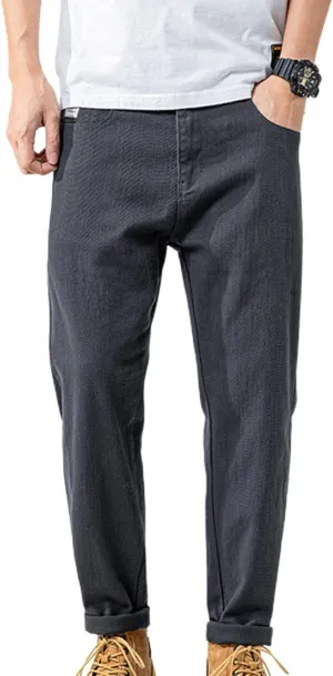 Lu's Chic Men's Casual Pants Solid Cotton Lightweight Stretch Cuffed Slim Fit Tapered Leg Chino Pants Streetwear