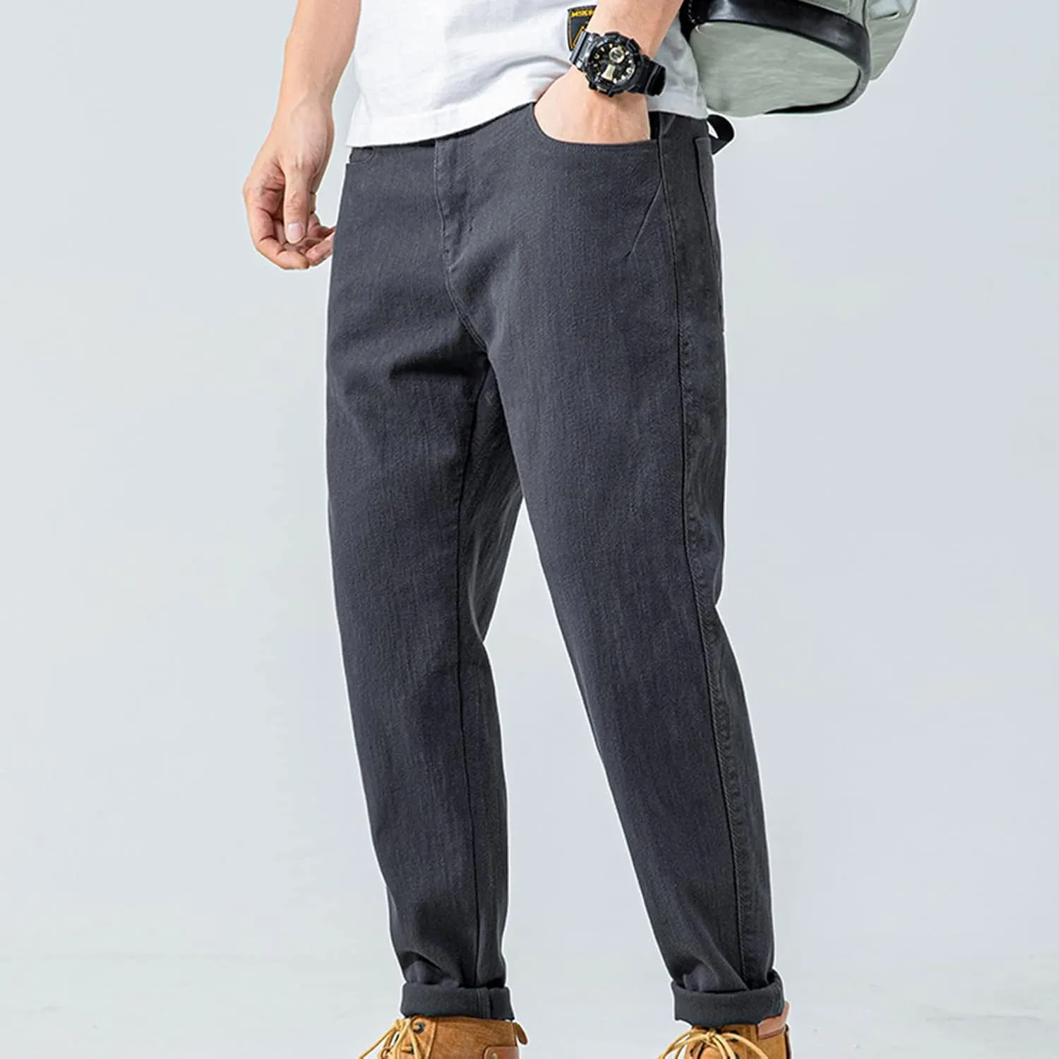 Lu's Chic Men's Casual Pants Solid Cotton Lightweight Stretch Cuffed Slim Fit Tapered Leg Chino Pants Streetwear