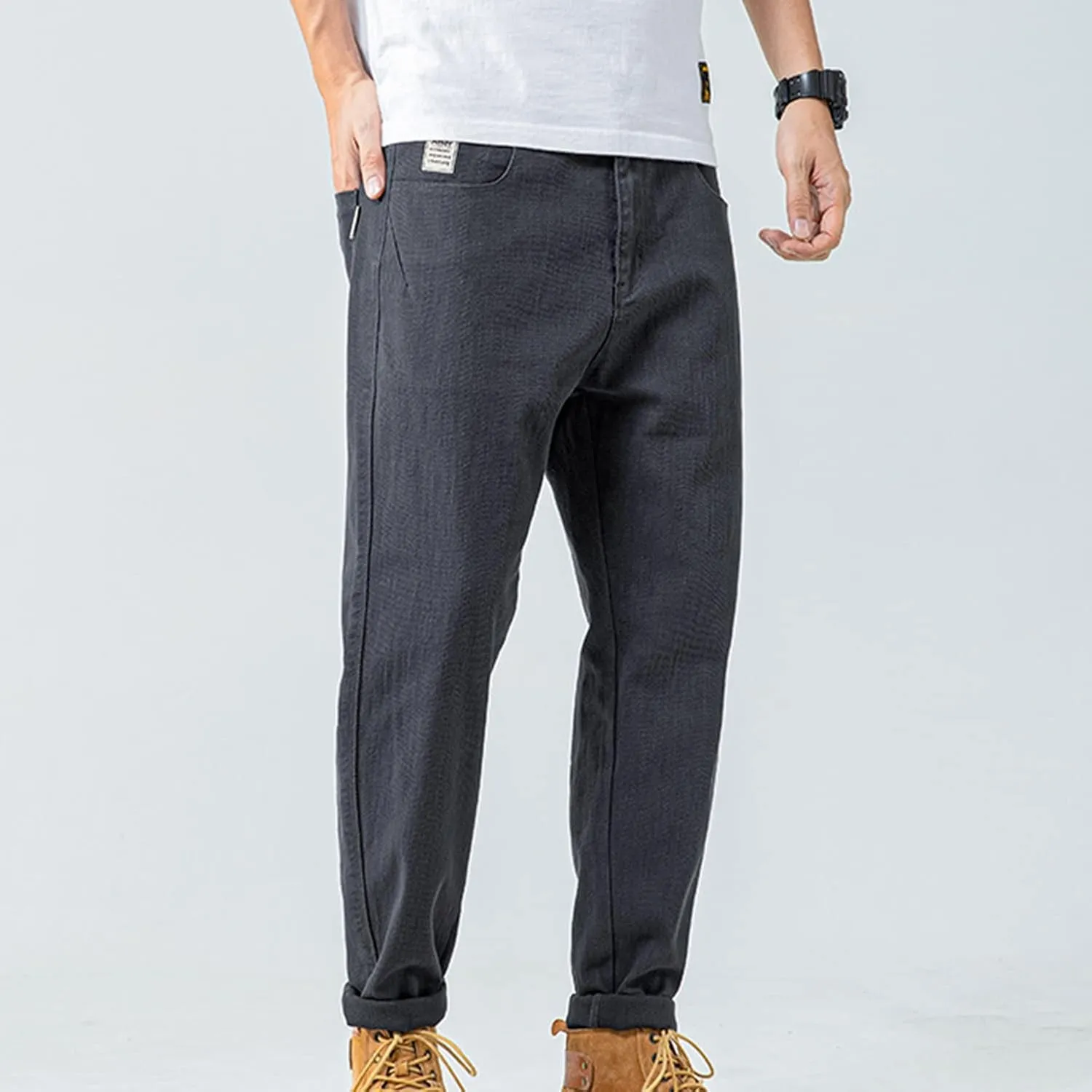Lu's Chic Men's Casual Pants Solid Cotton Lightweight Stretch Cuffed Slim Fit Tapered Leg Chino Pants Streetwear