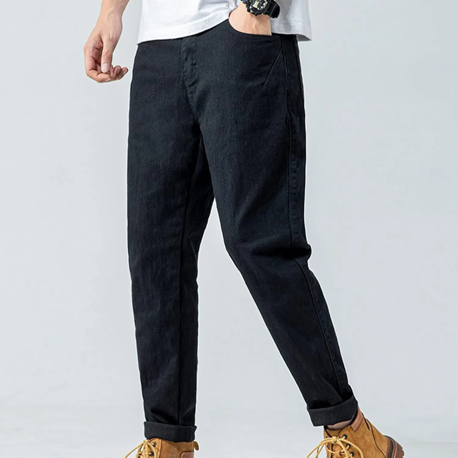 Lu's Chic Men's Casual Pants Solid Cotton Lightweight Stretch Cuffed Slim Fit Tapered Leg Chino Pants Streetwear
