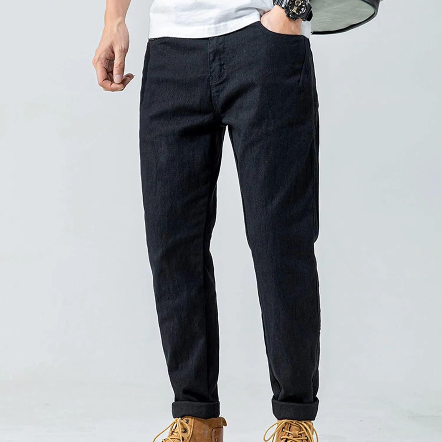 Lu's Chic Men's Casual Pants Solid Cotton Lightweight Stretch Cuffed Slim Fit Tapered Leg Chino Pants Streetwear