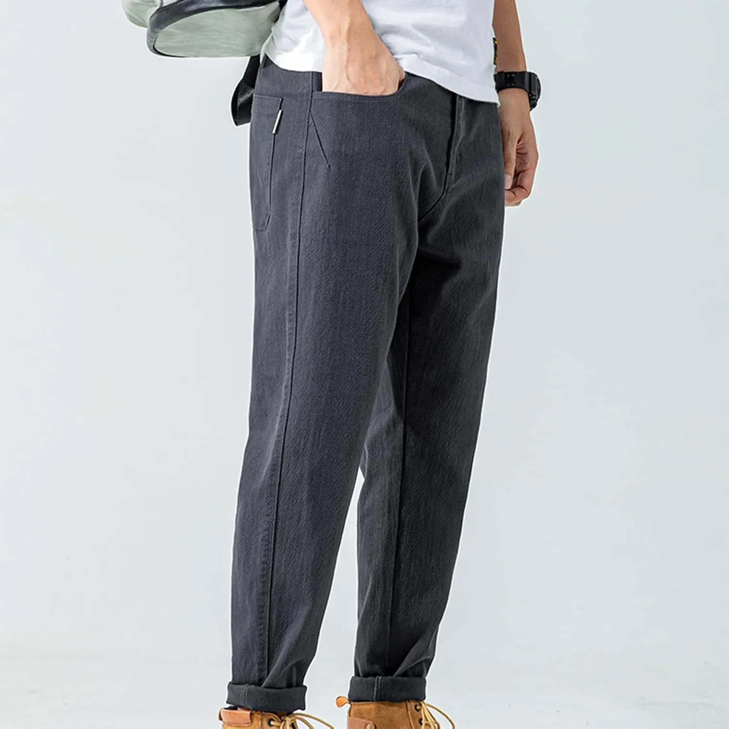 Lu's Chic Men's Casual Pants Solid Cotton Lightweight Stretch Cuffed Slim Fit Tapered Leg Chino Pants Streetwear