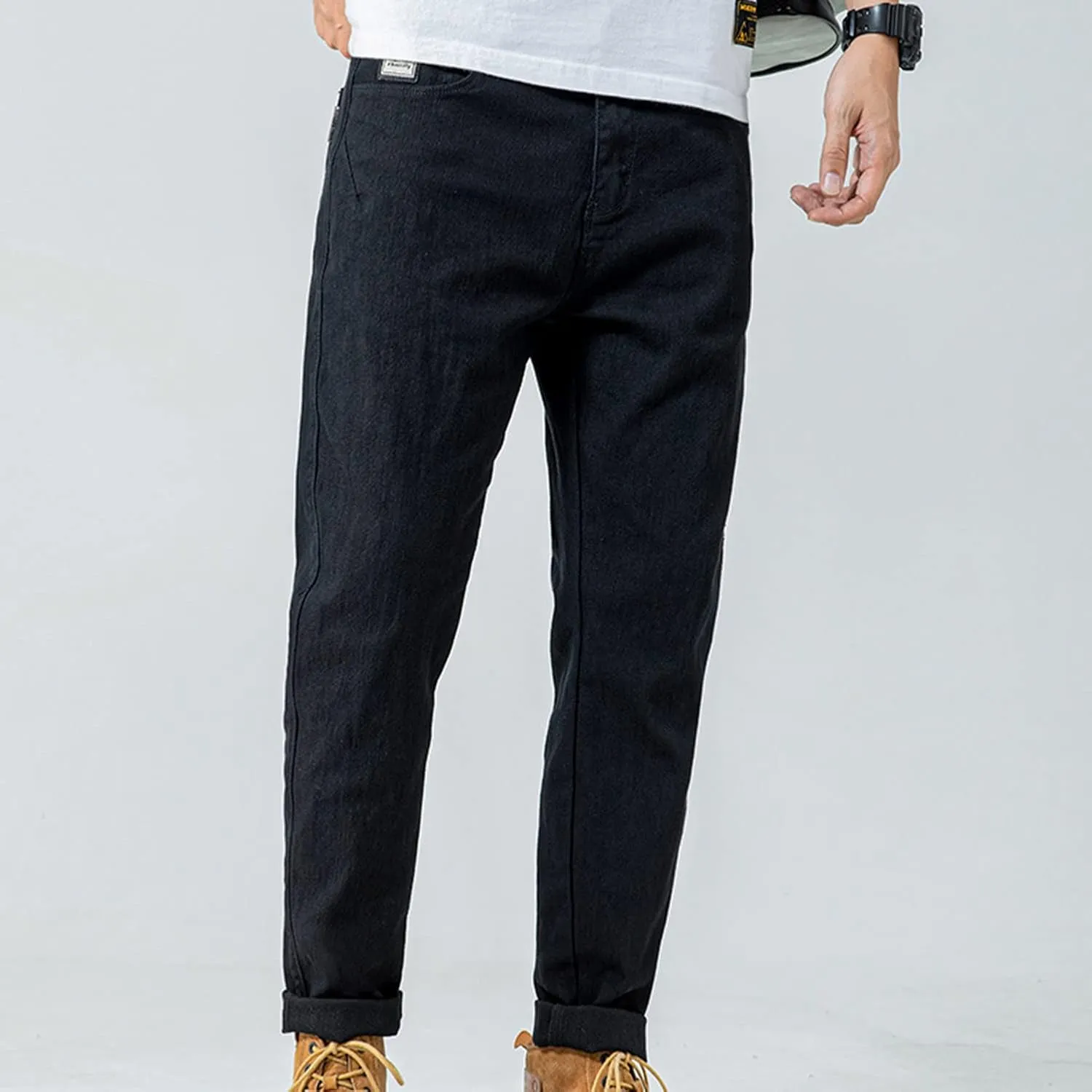 Lu's Chic Men's Casual Pants Solid Cotton Lightweight Stretch Cuffed Slim Fit Tapered Leg Chino Pants Streetwear