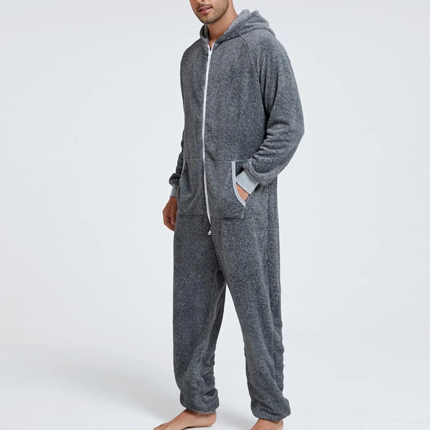 Lu's Chic Men's Hooded Onesie Pajamas Lightweight Fuzzy Fleece Zip Up Jumpsuit Long Sleeve Long Pants One Piece Pjs