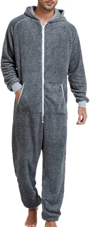 Lu's Chic Men's Hooded Onesie Pajamas Lightweight Fuzzy Fleece Zip Up Jumpsuit Long Sleeve Long Pants One Piece Pjs