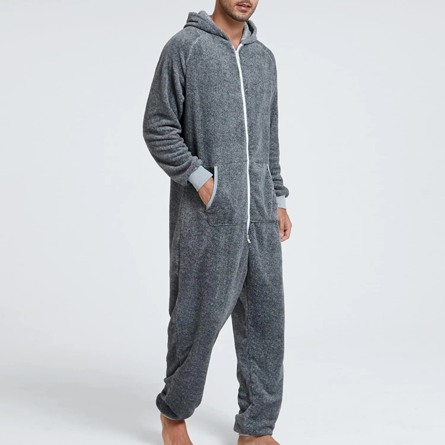Lu's Chic Men's Hooded Onesie Pajamas Lightweight Fuzzy Fleece Zip Up Jumpsuit Long Sleeve Long Pants One Piece Pjs