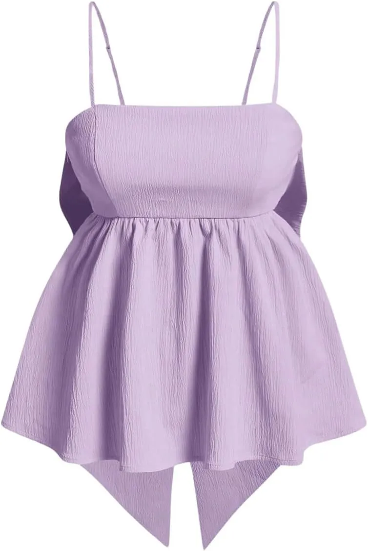 MakeMeChic Women's Casual Bow Back Spaghetti Strap Cami Tops Sleeveless Ruffle Summer Camisole
