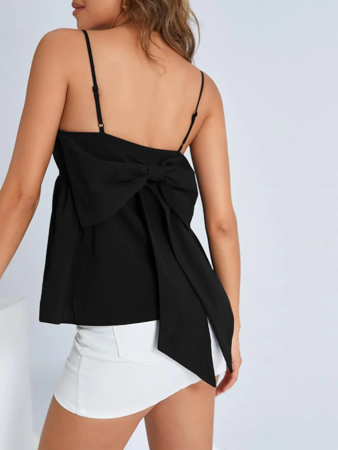 MakeMeChic Women's Casual Bow Back Spaghetti Strap Cami Tops Sleeveless Ruffle Summer Camisole