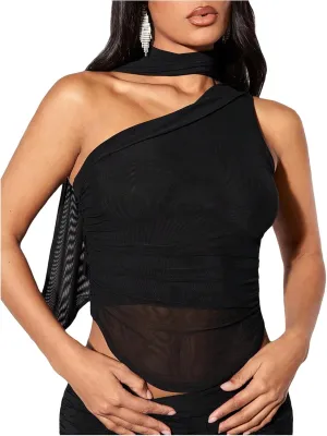 MakeMeChic Women's Ruched Asymmetrical Neck Sheer Mesh Sleeveless Crop Camisole Summer Shirt Tops