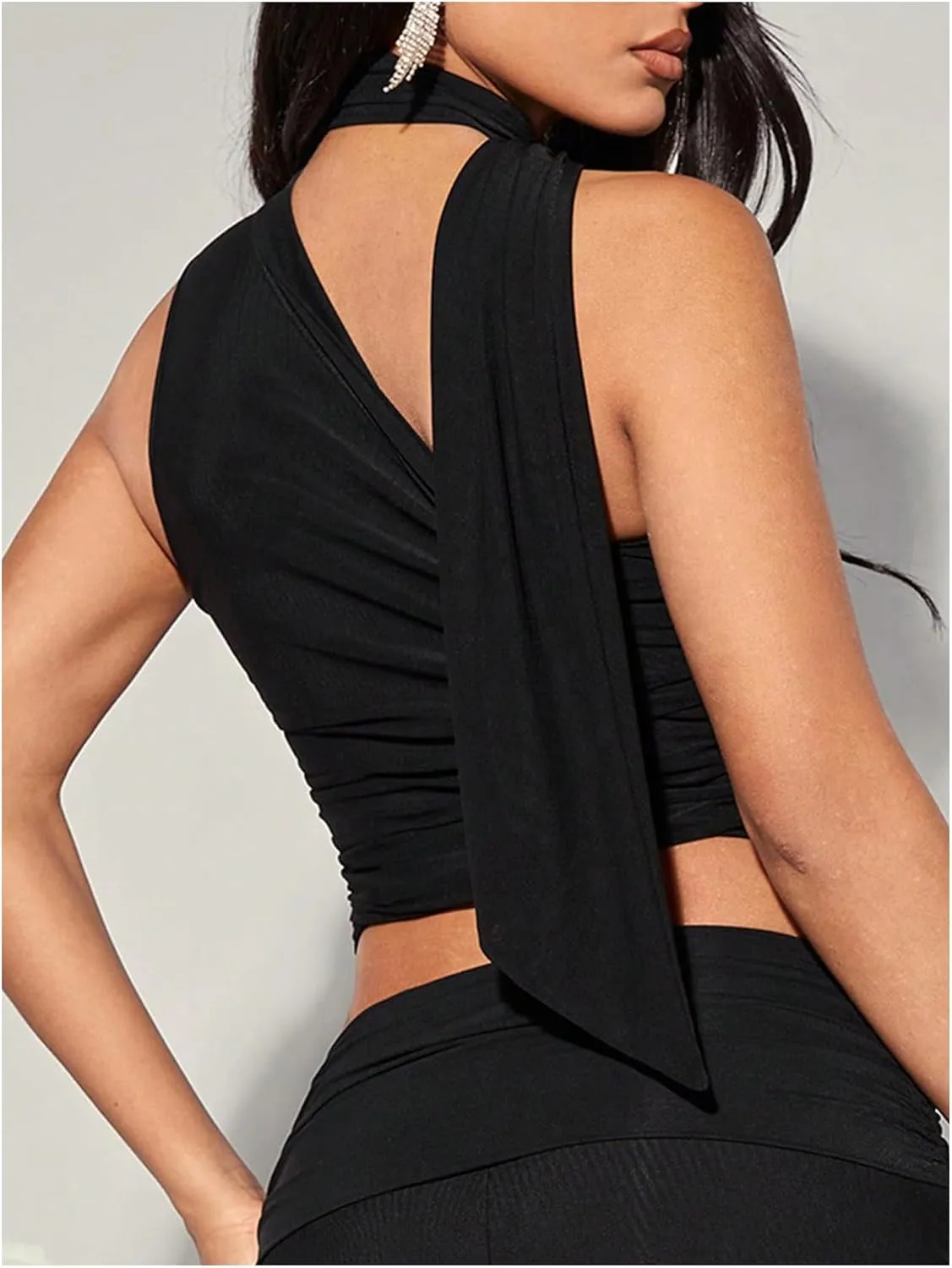 MakeMeChic Women's Ruched Asymmetrical Neck Sheer Mesh Sleeveless Crop Camisole Summer Shirt Tops