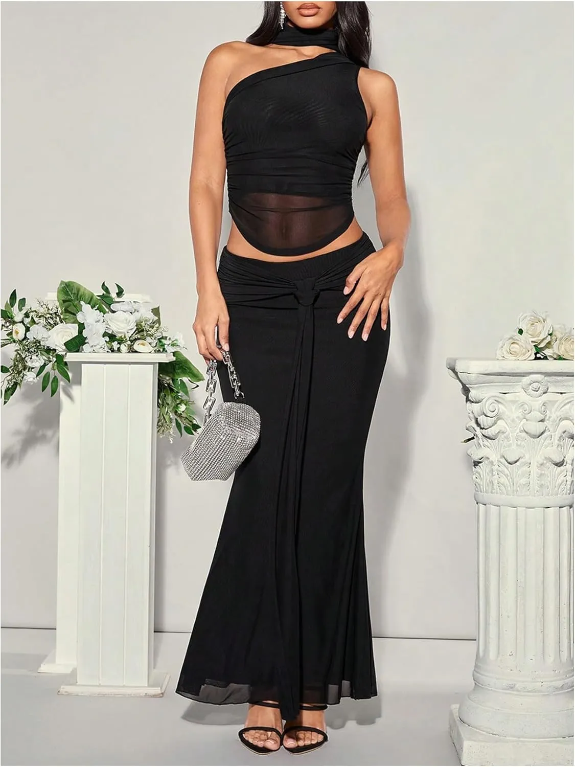 MakeMeChic Women's Ruched Asymmetrical Neck Sheer Mesh Sleeveless Crop Camisole Summer Shirt Tops