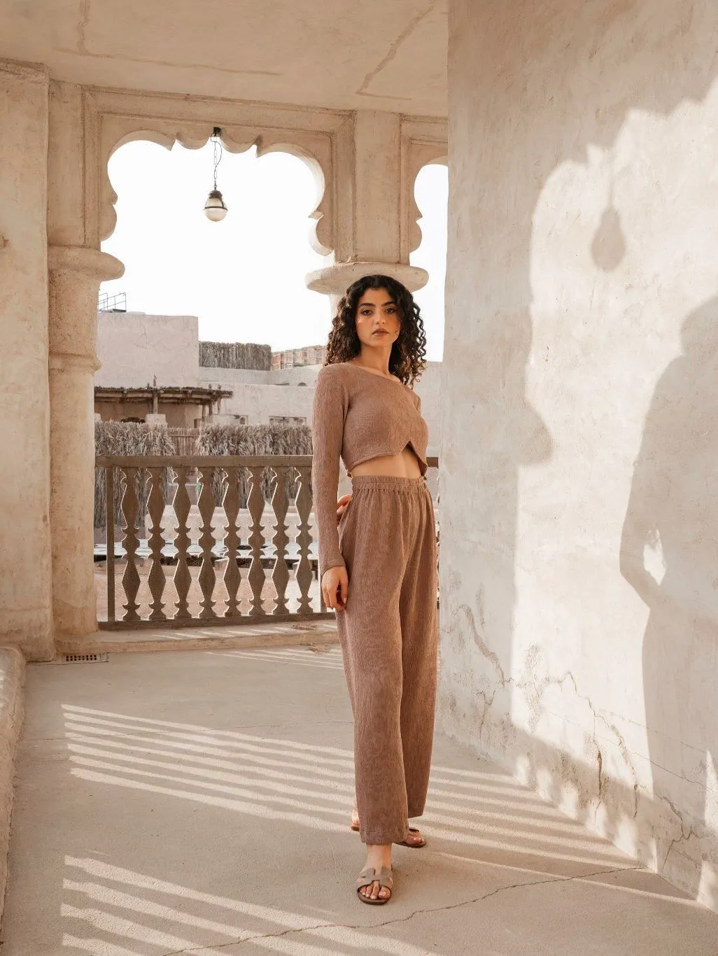 MARGARITA PANTS & LONG SLEEVE CROP TOP CO-ORD - MOCHA