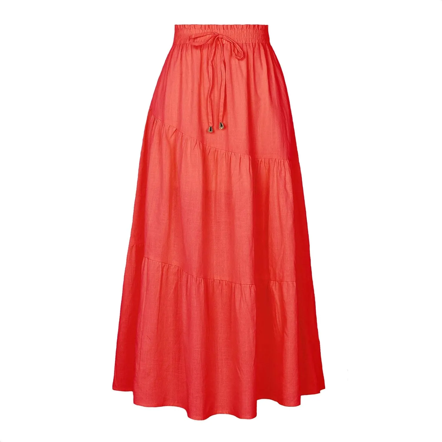 Maxi Skirts for Women Ruffle Long Summer Skirt Elegant High Waist Flared A-Line Skirts Elastic Waisted Causal Skirt