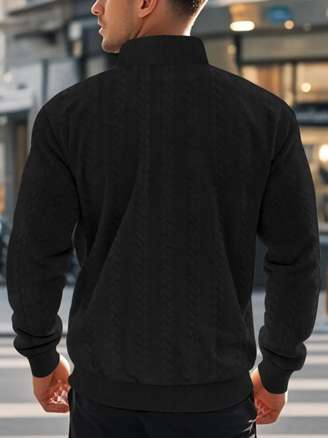 Mens Quarter Zip Pullover Quilted Sweatshirt Knit Long Sleeve Mock Neck Sweater Polo Shirt