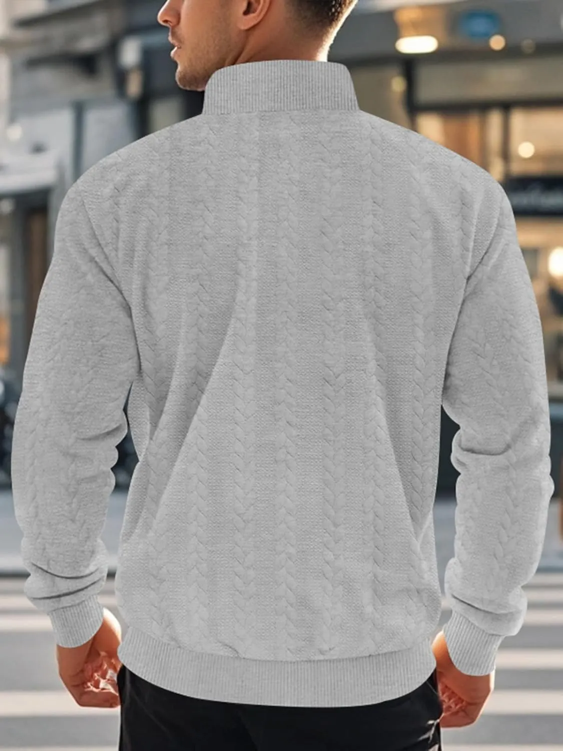 Mens Quarter Zip Pullover Quilted Sweatshirt Knit Long Sleeve Mock Neck Sweater Polo Shirt