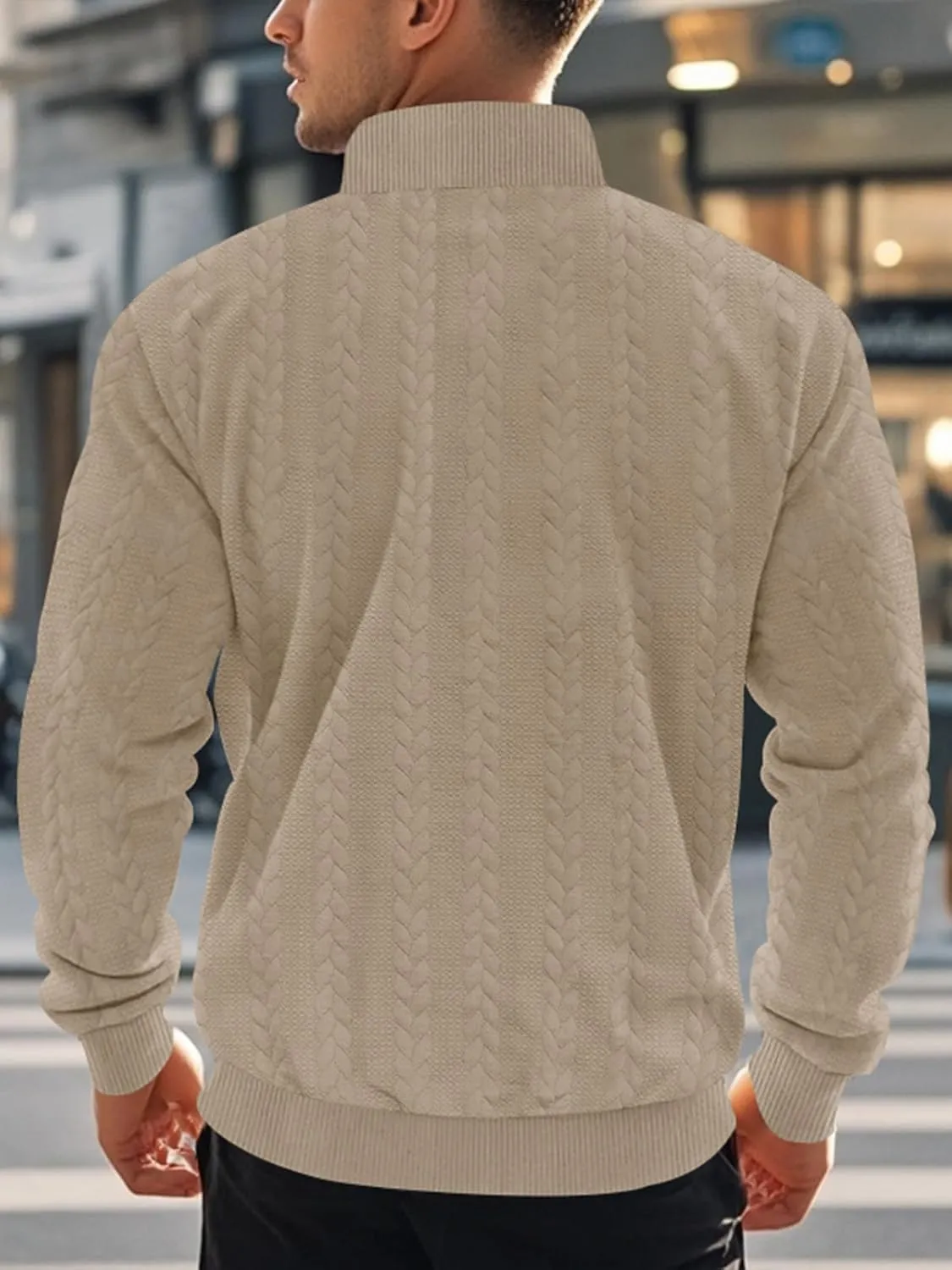 Mens Quarter Zip Pullover Quilted Sweatshirt Knit Long Sleeve Mock Neck Sweater Polo Shirt
