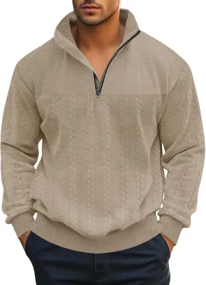 Mens Quarter Zip Pullover Quilted Sweatshirt Knit Long Sleeve Mock Neck Sweater Polo Shirt