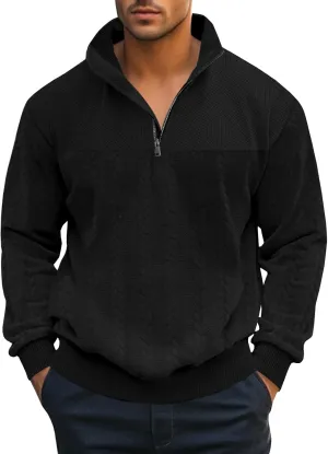 Mens Quarter Zip Pullover Quilted Sweatshirt Knit Long Sleeve Mock Neck Sweater Polo Shirt