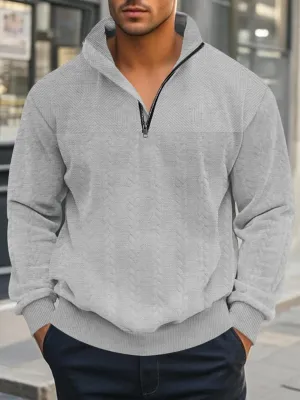 Mens Quarter Zip Pullover Quilted Sweatshirt Knit Long Sleeve Mock Neck Sweater Polo Shirt