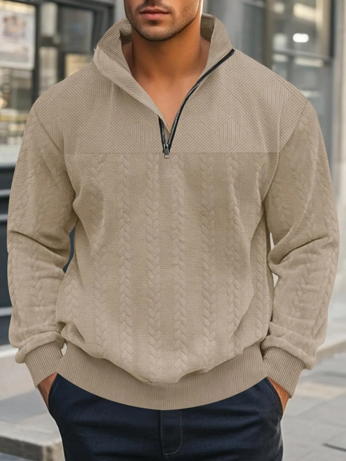 Mens Quarter Zip Pullover Quilted Sweatshirt Knit Long Sleeve Mock Neck Sweater Polo Shirt
