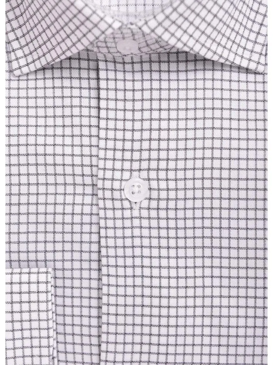 Mens Slim Fit Black & White Check Spread Collar Stretch Cotton Blend Dress Shirt