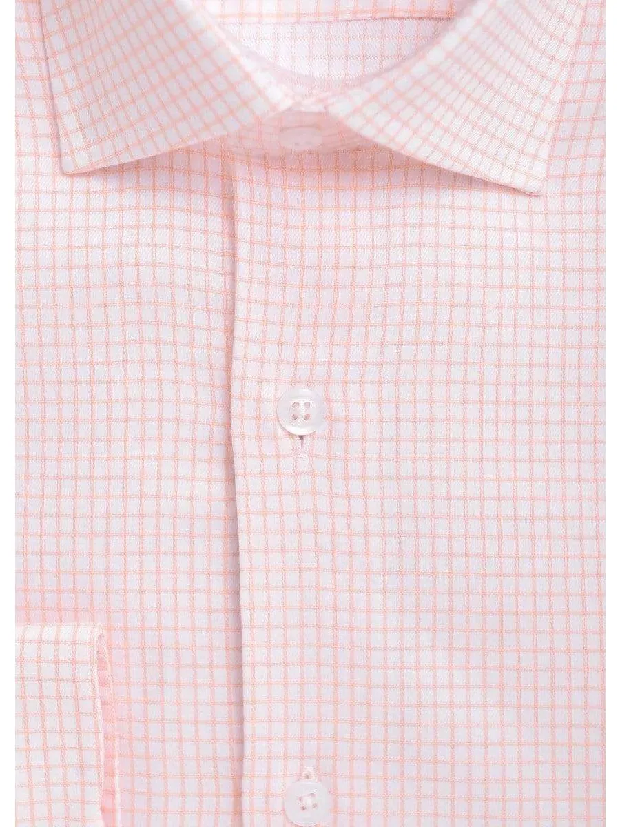 Mens Slim Fit Melon Orange Check Spread Collar Stretch Cotton Blend Dress Shirt