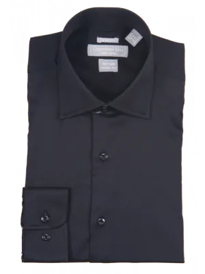 Mens Slim Fit Solid Black Spread Collar Wrinkle Free 100% Cotton Dress Shirt