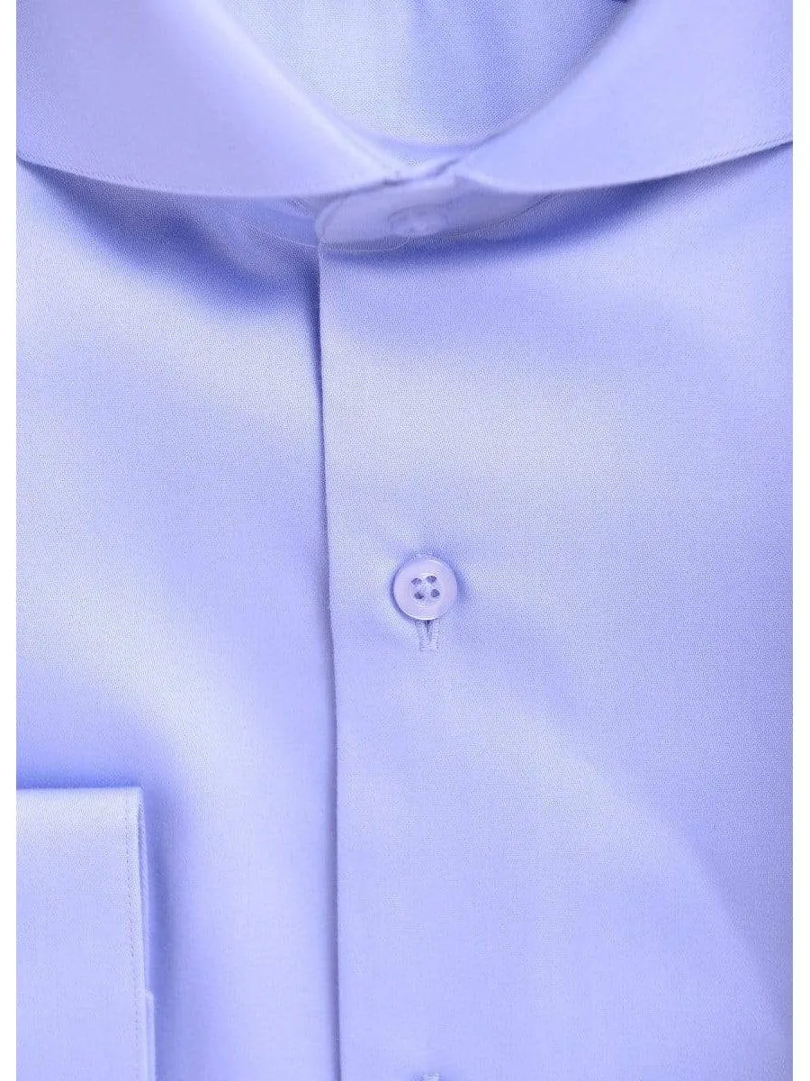 Mens Slim Fit Solid Blue Spread Collar Cotton Blend Dress Shirt