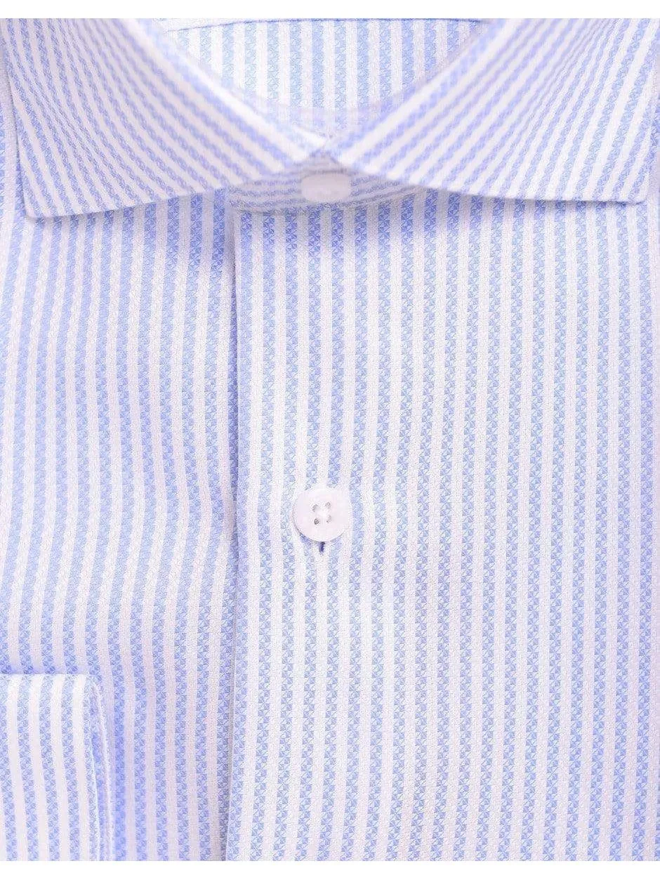 Mens Slim Fit White & Blue Textured Stripe Spread Collar Cotton Dress Shirt