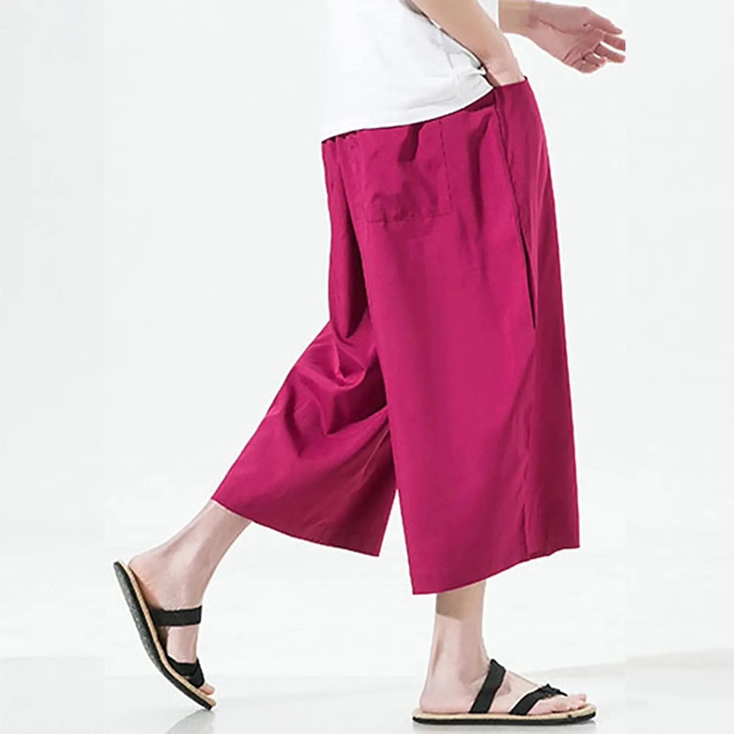 Mens Summer Ice Silk Capri Harem Pants with Drawstring Wide Leg Loose Slacks Breathable Beach Yoga Hippie Casual Trousers