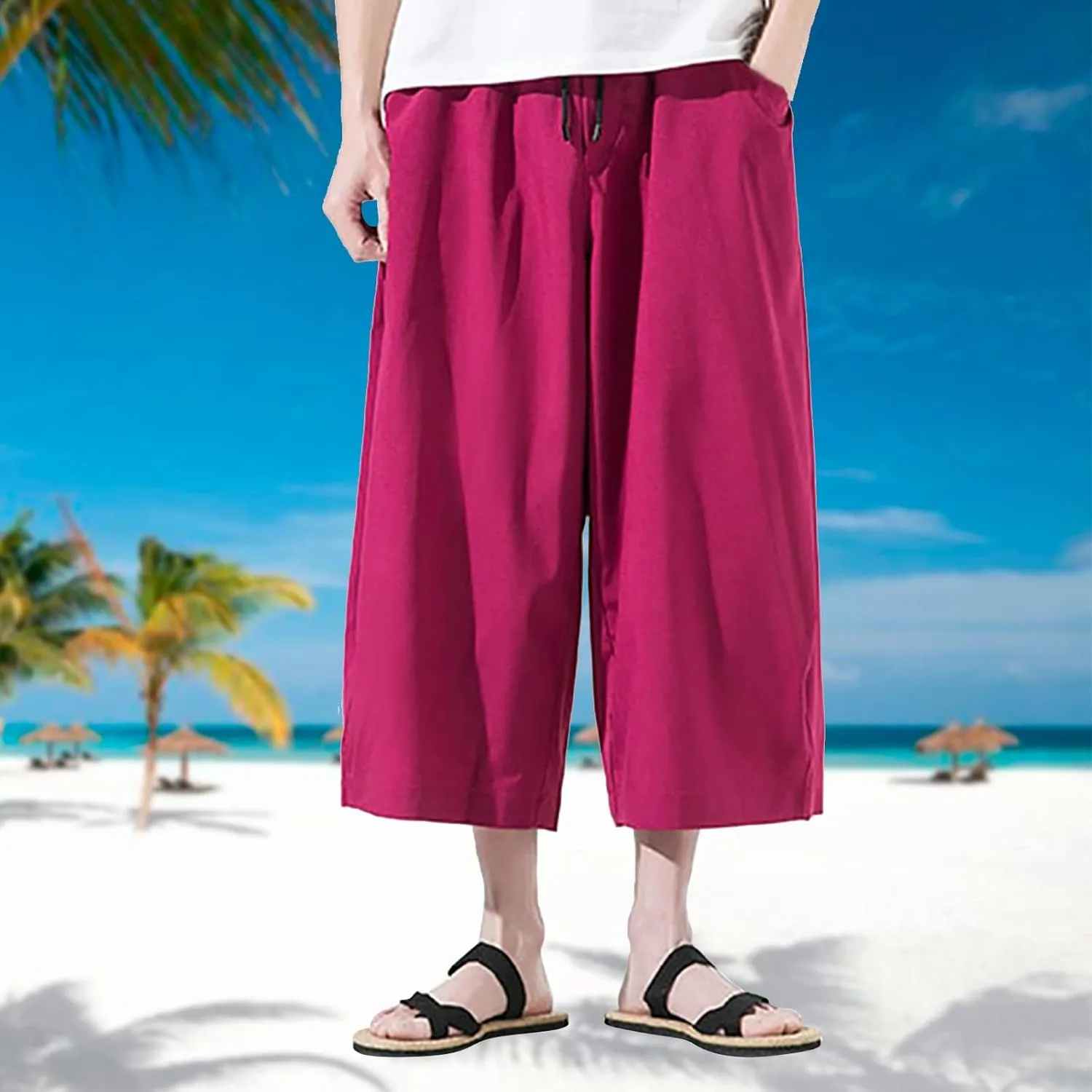 Mens Summer Ice Silk Capri Harem Pants with Drawstring Wide Leg Loose Slacks Breathable Beach Yoga Hippie Casual Trousers