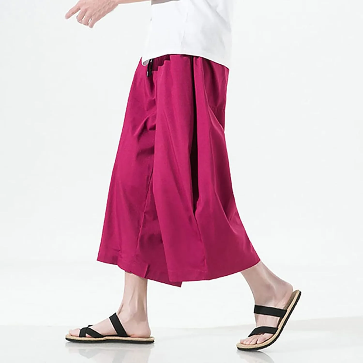 Mens Summer Ice Silk Capri Harem Pants with Drawstring Wide Leg Loose Slacks Breathable Beach Yoga Hippie Casual Trousers