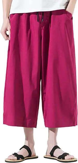 Mens Summer Ice Silk Capri Harem Pants with Drawstring Wide Leg Loose Slacks Breathable Beach Yoga Hippie Casual Trousers