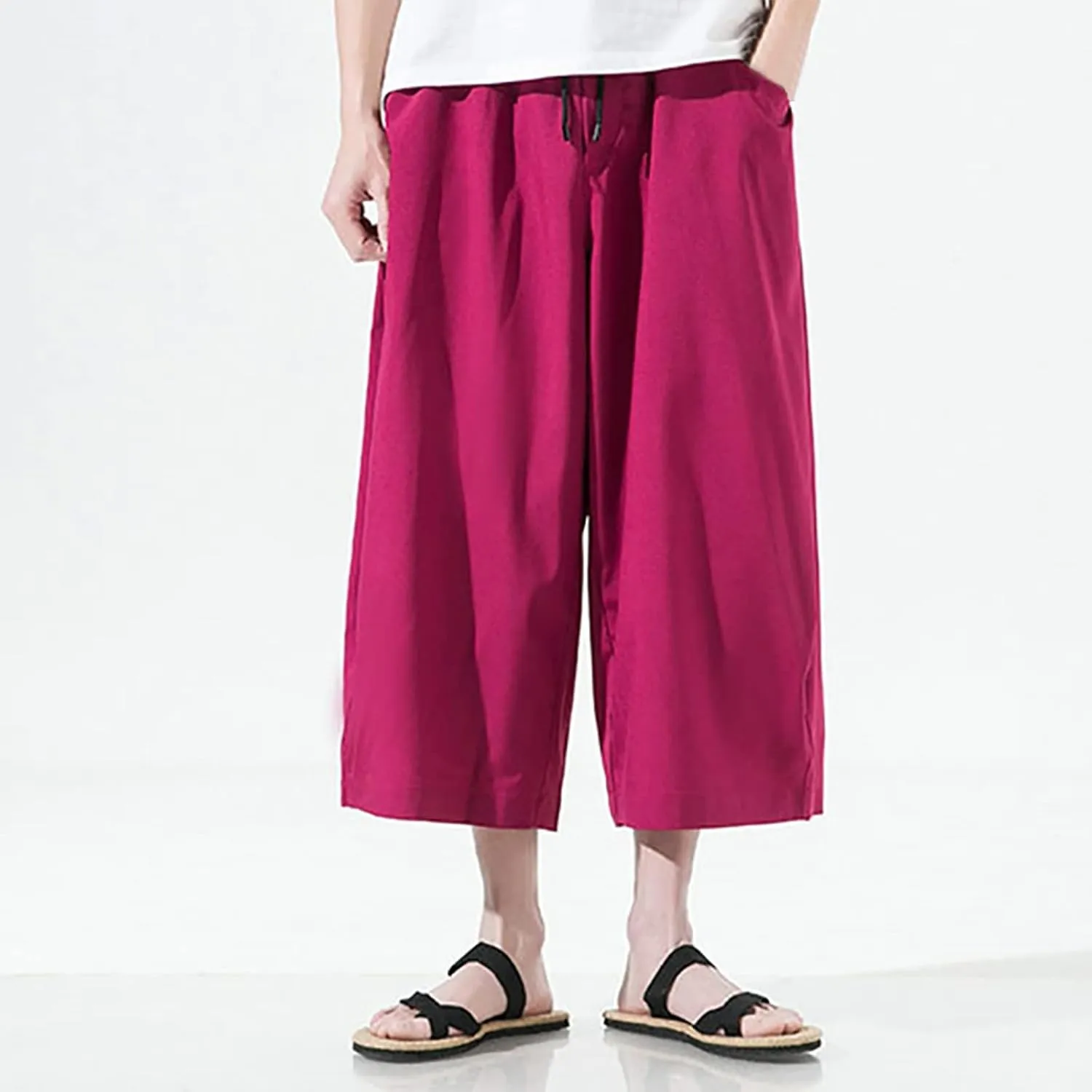 Mens Summer Ice Silk Capri Harem Pants with Drawstring Wide Leg Loose Slacks Breathable Beach Yoga Hippie Casual Trousers