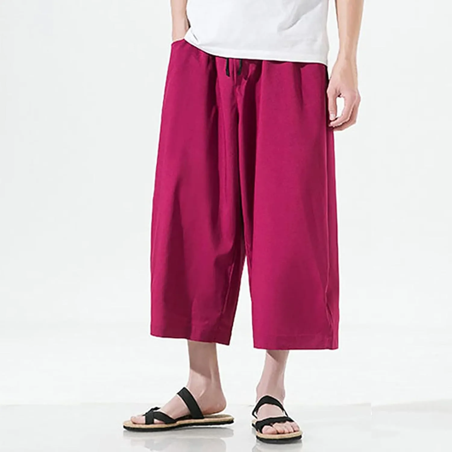 Mens Summer Ice Silk Capri Harem Pants with Drawstring Wide Leg Loose Slacks Breathable Beach Yoga Hippie Casual Trousers